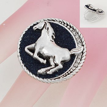 Silver Tone Black Horse Pony Ring