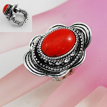 Red Oval Silver Tone Ring Size