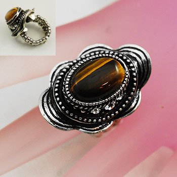 Brown Tigers Eye Oval Silver Tone Ring Size