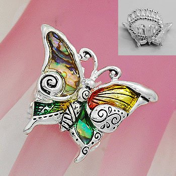 Artistic Abalone Butterfly Silver Tone Ring