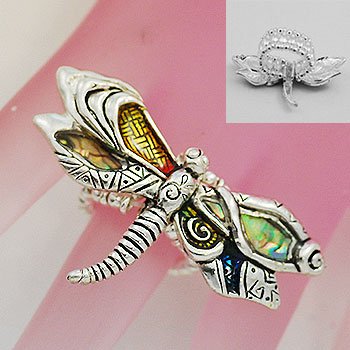 Artistic Abalone Dragon Fly Dragonfly Silver Tone Ring