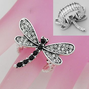 Black Clear Crystal Dragon Fly Dragonfly Silver Tone Ring