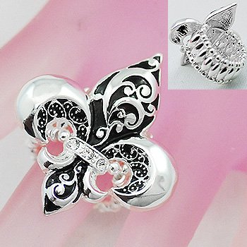 Black Textured French Fleur De Lis Silver Tone Ring