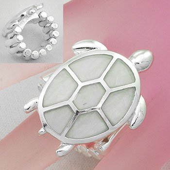 White Turtle Tortoise Shell In Lay Silver Tone Ring