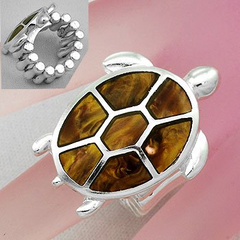 Brown Turtle Tortoise Shell In Lay Silver Tone Ring