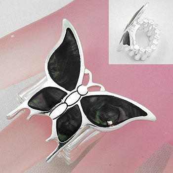 Black Butterfly Shell In Lay Silver Tone Ring