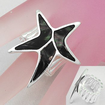 Black Starfish Star Fish Shell In Lay Silver Tone Ring