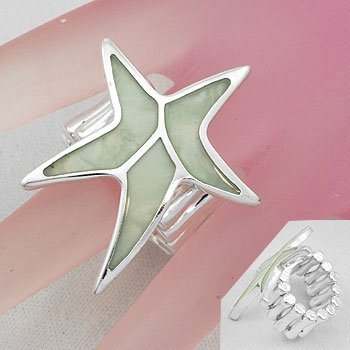 White Starfish Star Fish Shell In Lay Silver Tone Ring