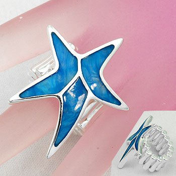 Blue Starfish Star Fish Shell In Lay Silver Tone Ring