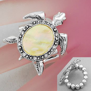 White Turtle Tortoise Shell In Lay MOP Silver Tone Ring