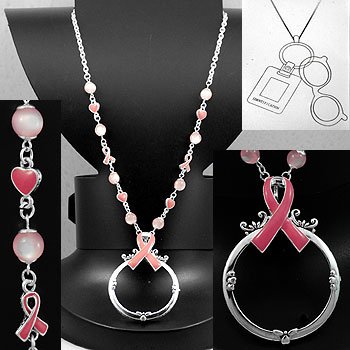 Pink Ribbon Breast Cancer Eye Glass Badge ID Holder Silver Tone Necklace