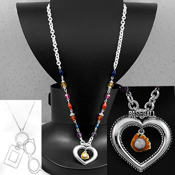 Baseball Base Ball Mitt Glove Glass Badge ID Holder Silver Tone Necklace
