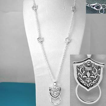 French Fleur De Lis Glass Badge ID Holder Silver Tone Necklace
