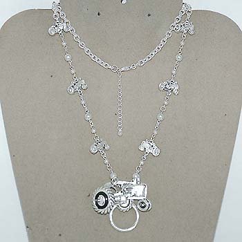 Tractor Glass Badge ID Holder Silver Tone Necklace