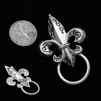 Engraved French Fleur De Lis Picture Badge ID Eye Glass Holder Brooch Pin