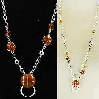 Brown Basket Ball Basketball Eye Glass Badge ID Holder Silver Tone Necklace