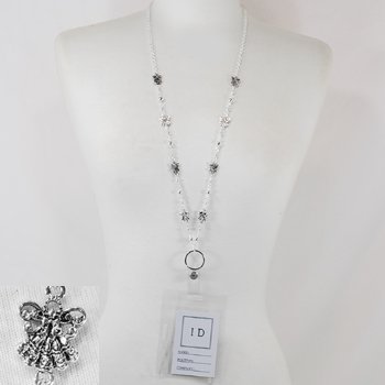32" Guardian Angel Eye Glass Badge ID Holder Silver Tone Necklace