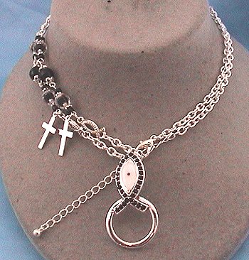 Religious Fish Faith Mustard Seed Eye Glass Badge ID Holder Silver Tone Necklace