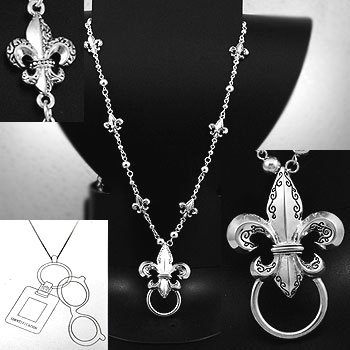 Long French Fleur De Lis Eye Glass Badge ID Holder Silver Tone Long Necklace