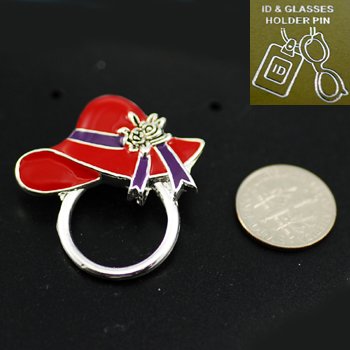 Red Hat Lady Ladies Eye Glass Badge ID Holder Silver Tone Necklace