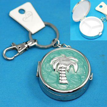 Palm Tree Teal Pill Box Holder Key Keychain