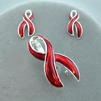 Red Ribbon Heart Disease HIV Aids Necklace Pendant Earring Set
