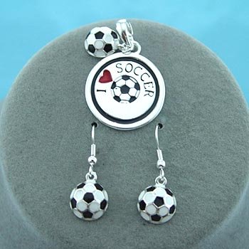 I Love Soccer Necklace Pendant Earring Set
