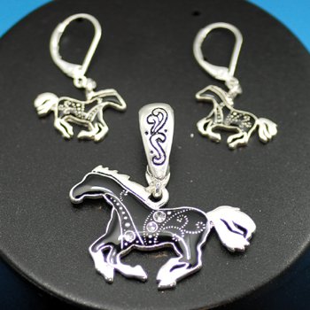 Black Western Horse Pony Necklace Pendant Earring Set