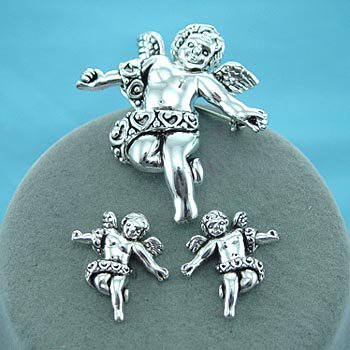 Cherub Angel Angels Silver Tone Necklace Pendant Earring Set