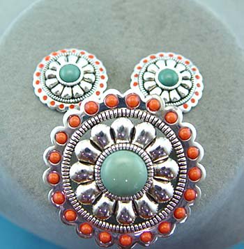 Western Blue Coral Red Textured Necklace Pendant Earring Set