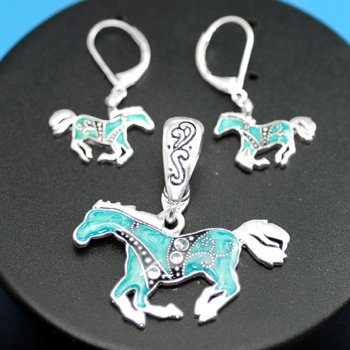 Blue Western Horse Pony Necklace Pendant Earring Set