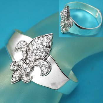 Silver Tone Clear Crystal French Fleur De Lis Bangle Bracelet