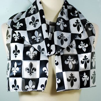 Black White Satin French Fleur De Lis Scarf