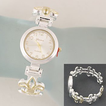 Fleur De Lis Two Tone Cuff Bangle Bracelet Watch