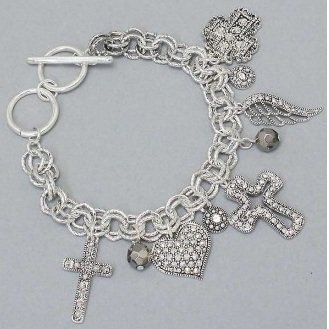 Chunky Cross Silver Tone Angel Wings Heart Love Charm Bracelet