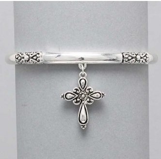 Religious Silver Tone Cross Bangle Bracelet