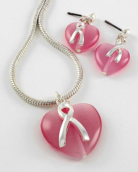 Pink Ribbon Breast Cancer Silver Tone Heart Necklace Set