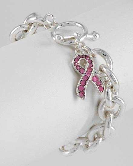 Pink Ribbon Breast Cancer Crystal Charm Bracelet