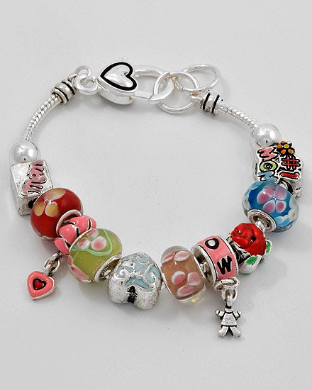 Number One 1 Mom Mother Murano Glass Charm Bracelet