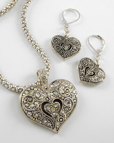 Silver Tone Heart Love Marcasite Style Valentines Day Necklace Set