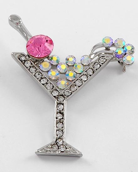Pink AB Aurora Borealis Cocktail Martini Drink Brooch Pin