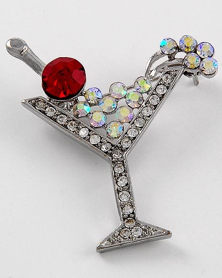 Red AB Aurora Borealis Cocktail Martini Drink Brooch Pin