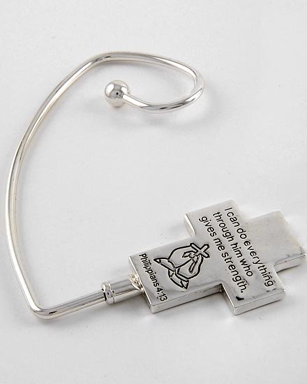 Religious Philippians 4:13 Cross Praying Hands Handbag Purse Hook Caddy Holder