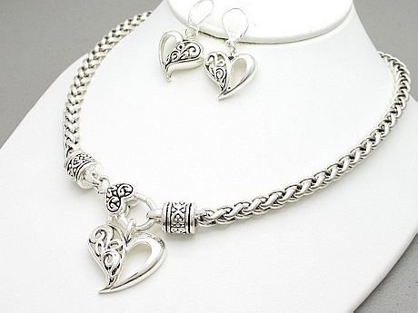 Braided Silver Tone Heart Valentines Day Necklace Set