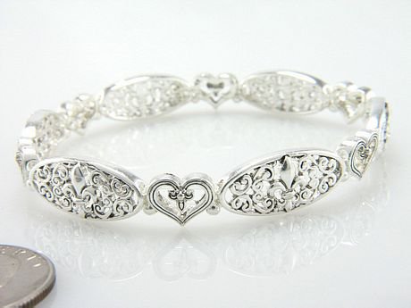 French Fleur De Lis Heart Silver Tone Filigree Bangle Bracelet