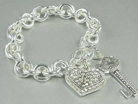 Key Heart Silver Tone Filigree Bangle Bracelet
