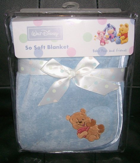 NEW SO SOFT BLUE BOA SATIN BABY POOH BLANKET DISNEY NIP