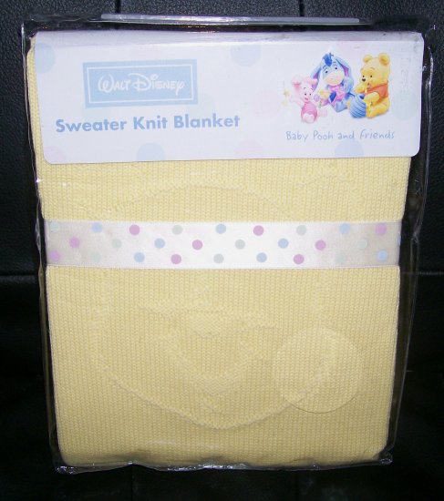 NEW YELLOW SWEATER KNIT BABY POOH BLANKET DISNEY NIP