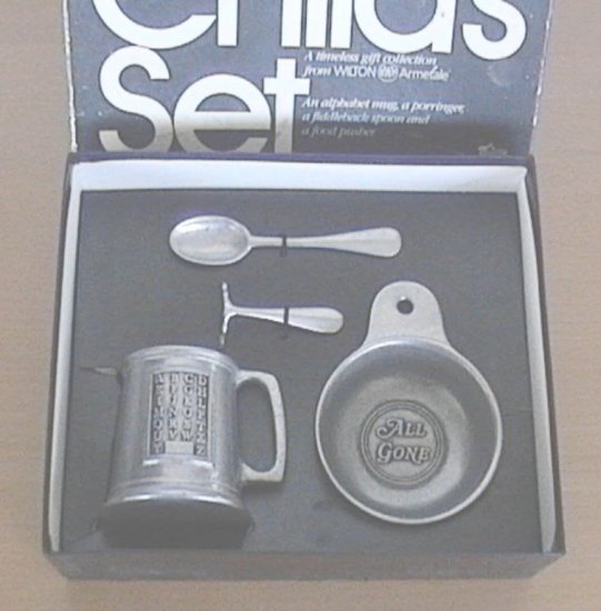 RARE VINTAGE WILTON ARMETALE PEWTER BABY CHILD FEEDING SET MUG BOWL