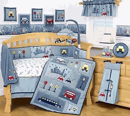 Lambs and Ivy City Babies 6 Pc Baby Boy Nursery Decor Set Blue Crib Bedding Luxury Set Car Bus Taxi